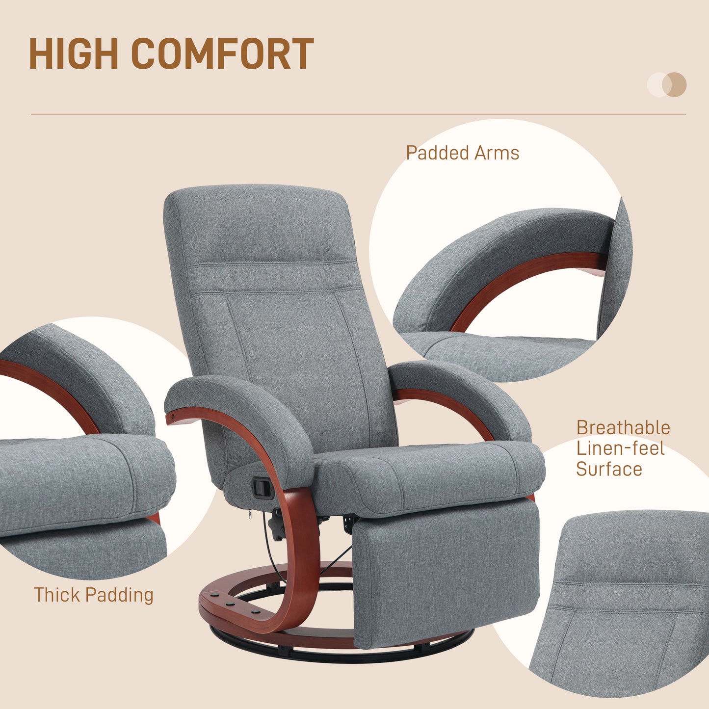 HOMCOM 135 Degree Manual Reclining Swivel Chair With Footrest Grey High Back Ergonomic Armrests Cushioned Seat