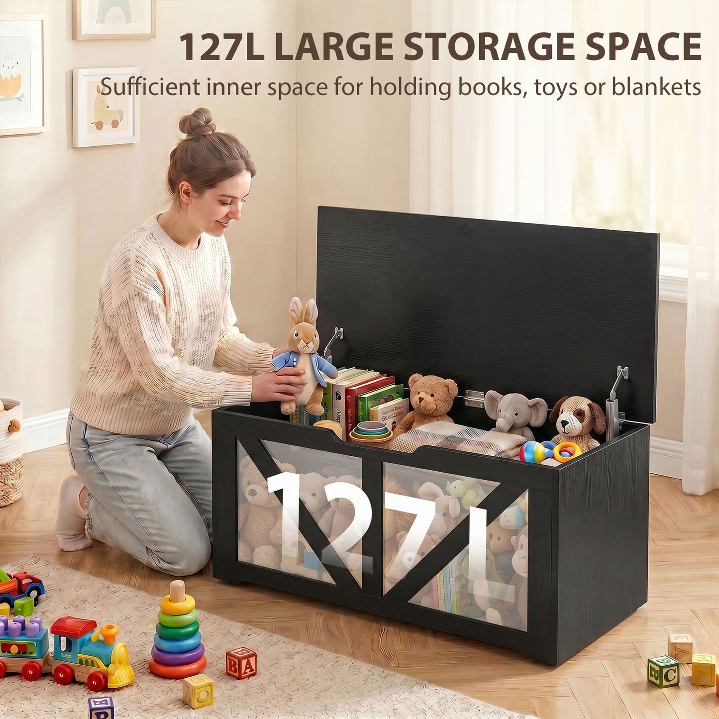 HOMCOM 127L Storage Box with Safety Hinges and Sit on Lid in Black Wood Effect Plus