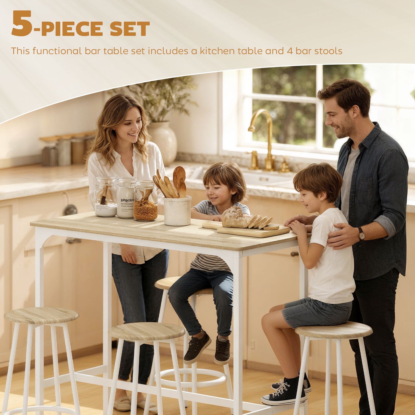 HOMCOM Five Piece Bar Table Set For Four With Stools Metal Frame Footrest Natural Wood