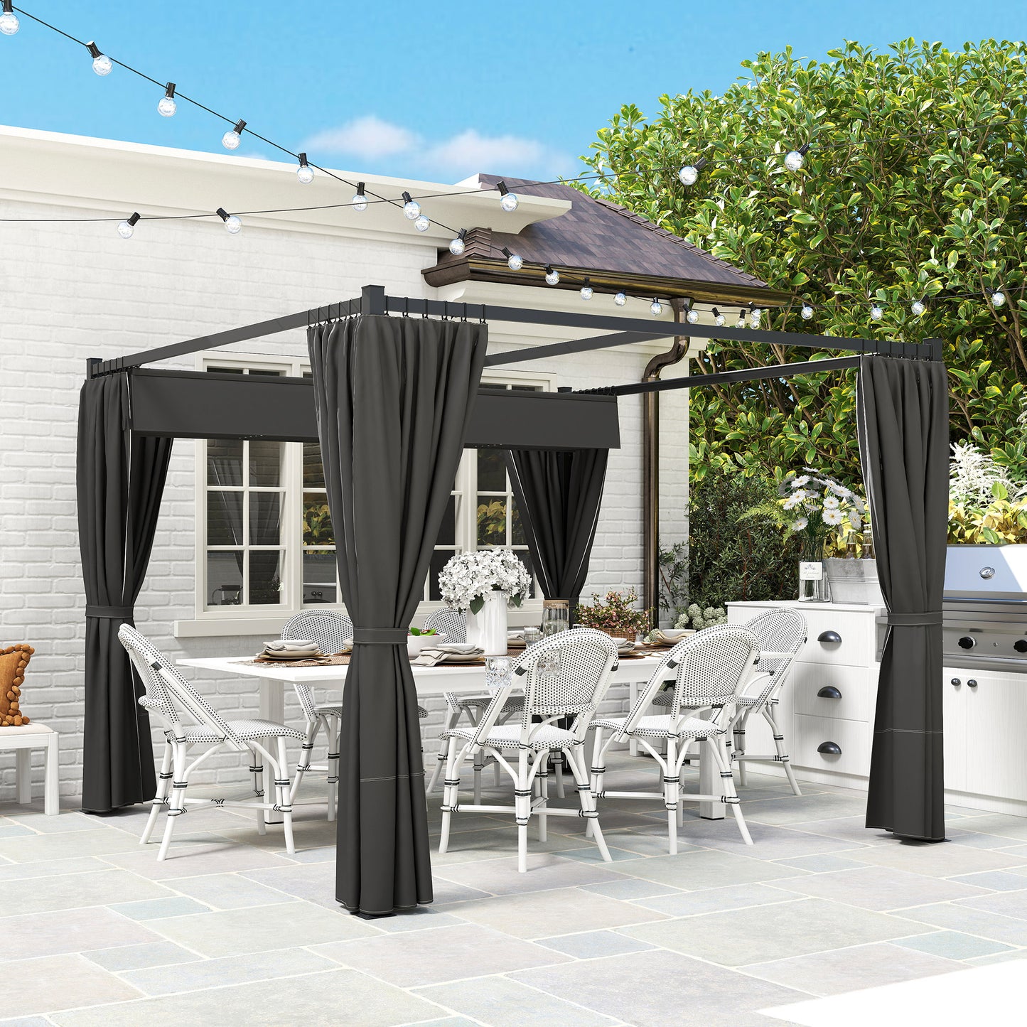 Outsunny 3x3 Meter Retractable Pergola Gazebo With Curtains For Patio Deck Garden Charcoal Grey