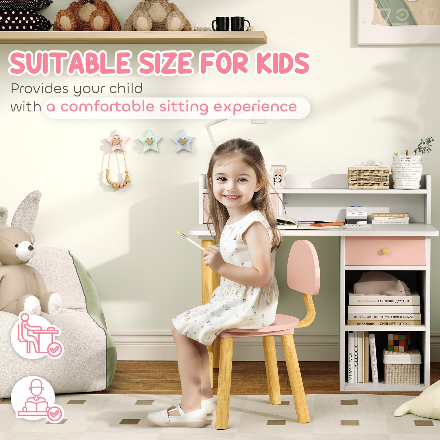 AIYAPLAY Pink 2 Piece Kids Desk With Hutch And Chair Set Storage Drawers Shelves For Ages 3 To 8