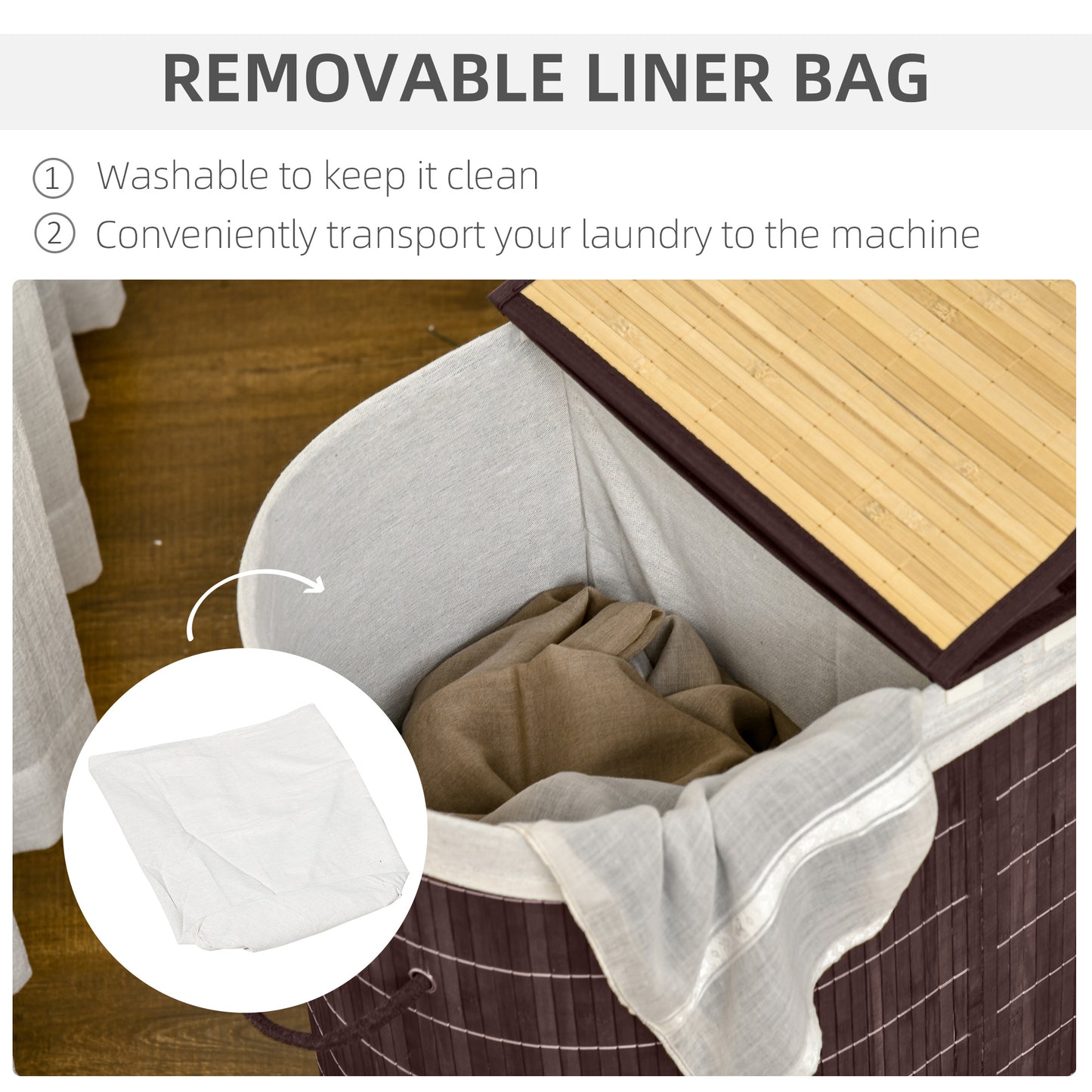 HOMCOM 100L Bamboo Laundry Basket With Lid And Removable Liner Two Compartments Handles Brown