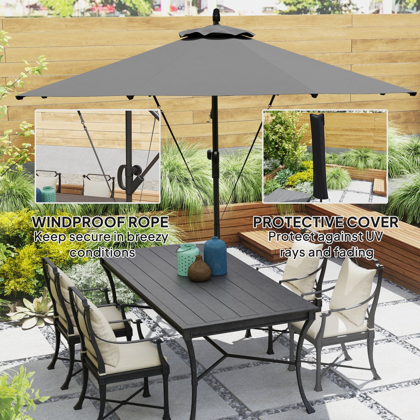 Outsunny 3m Cantilever Garden Parasol With Cover And Wind Straps Round Overhang Umbrella Crank Tilt Grey UPF50 Plus