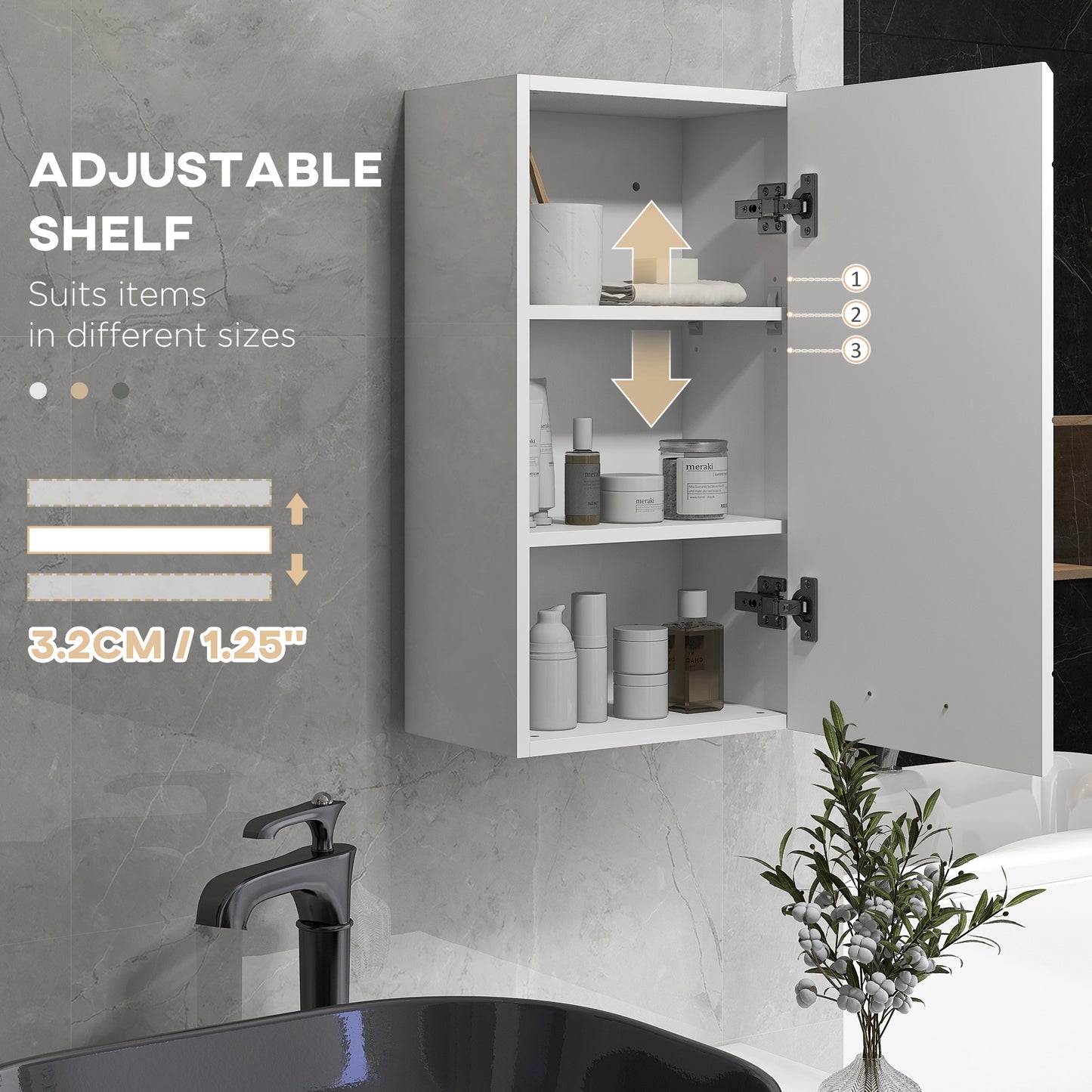 Kleankin High Gloss Bathroom Wall Cabinet Storage With Soft Close Door 3 Shelves Adjustable White