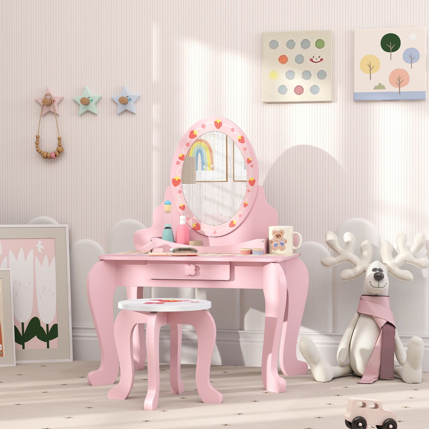 AIYAPLAY Kids Dressing Table Set Vanity With Stool Mirror Drawer Storage Strawberry Theme Pink