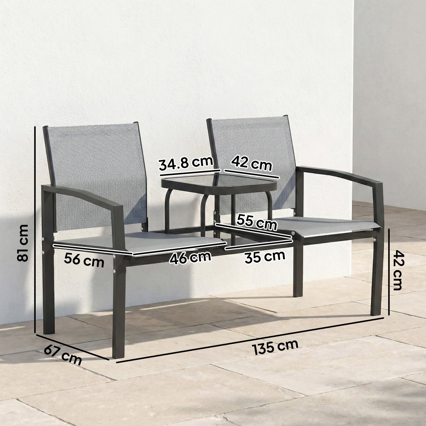 Outsunny Garden Love Seat 2 Seater Jack And Jill Loveseat With 2 Tier Glass Table Breathable Texteline Grey