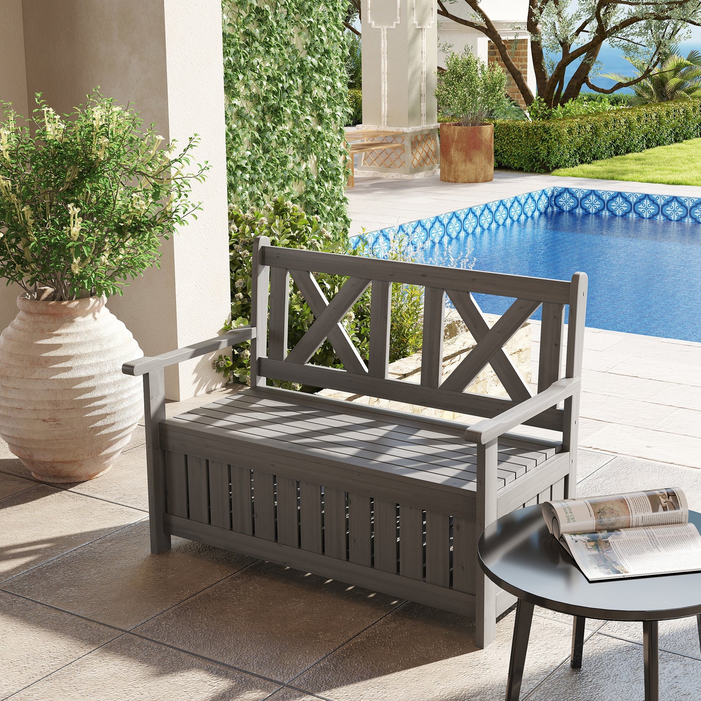 Outsunny 2 Seater Garden Storage Bench Charcoal Grey For Patio Porch Wood Outdoor Seating