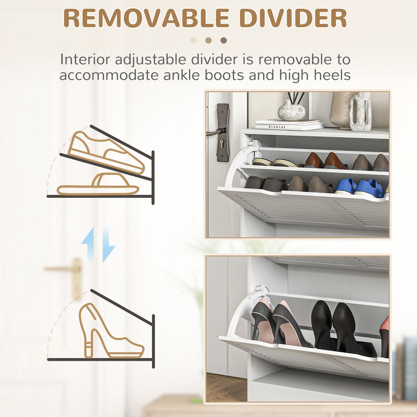 HOMCOM Narrow Entryway Shoe Cabinet With 2 Flip Drawers Louvered Doors Adjustable Shelves Fits 16 Pairs White