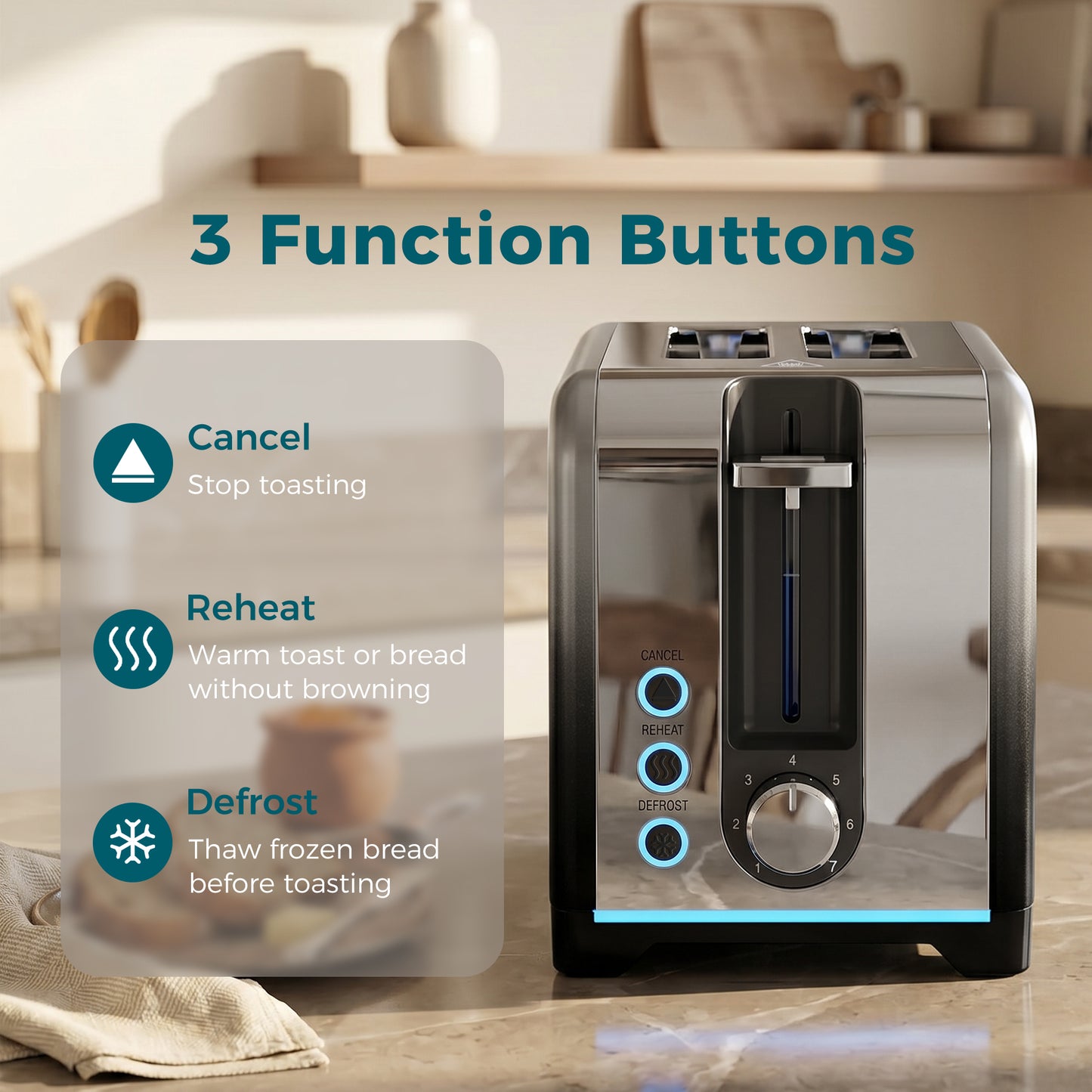 HOMCOM 2 Slice Toaster With 7 Browning Levels Reheat Defrost And Cancel Functions