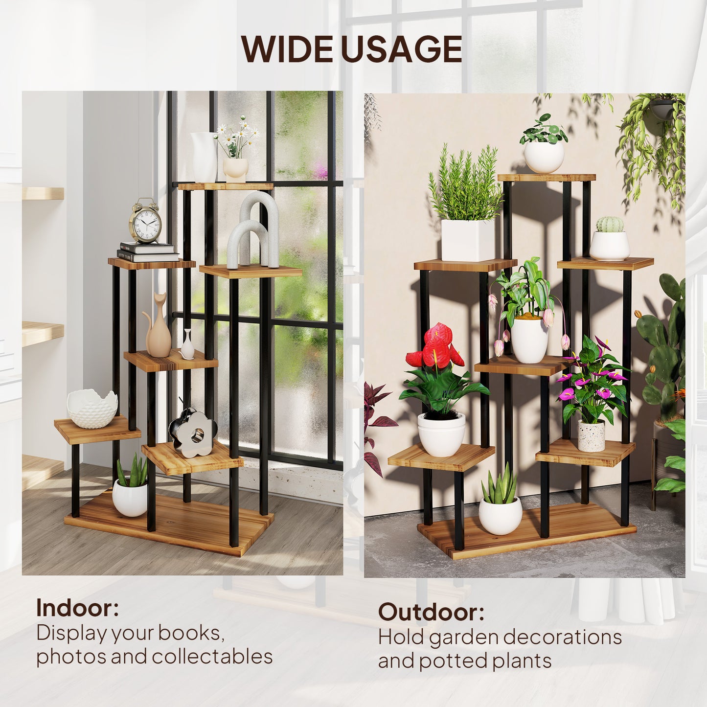 Outsunny Seven Shelf Wooden Plant Stand For Corner Decor With Staggered Shelves Holds Seven Plants
