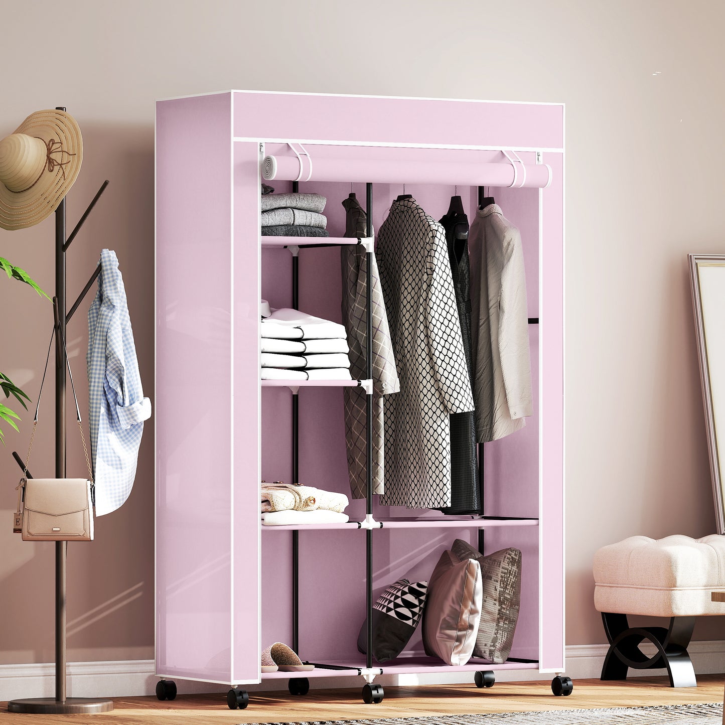 HOMCOM Fabric Wardrobe With Shelves And Hanging Rail Foldable Wardrobe Pink Portable Clothing Storage