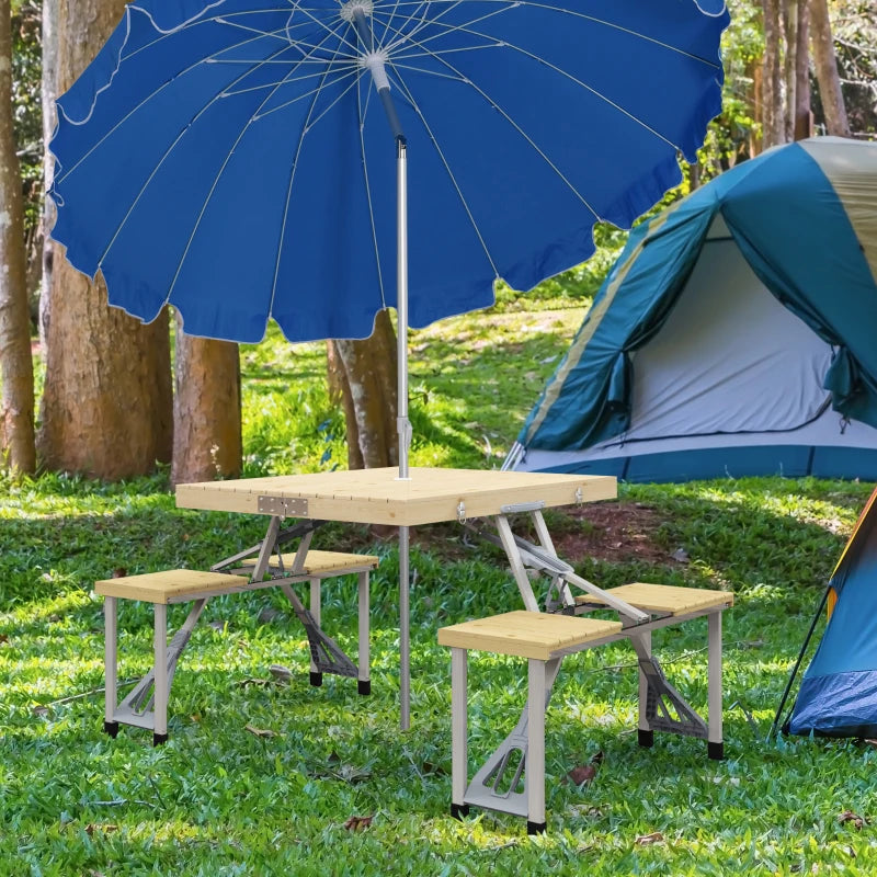 Outsunny Aluminium Frame Folding Picnic Table with Portable Chairs Set, Umbrella Hole - Ideal for Camping and Outdoor Gatherings - ALL4U RETAILER LTD