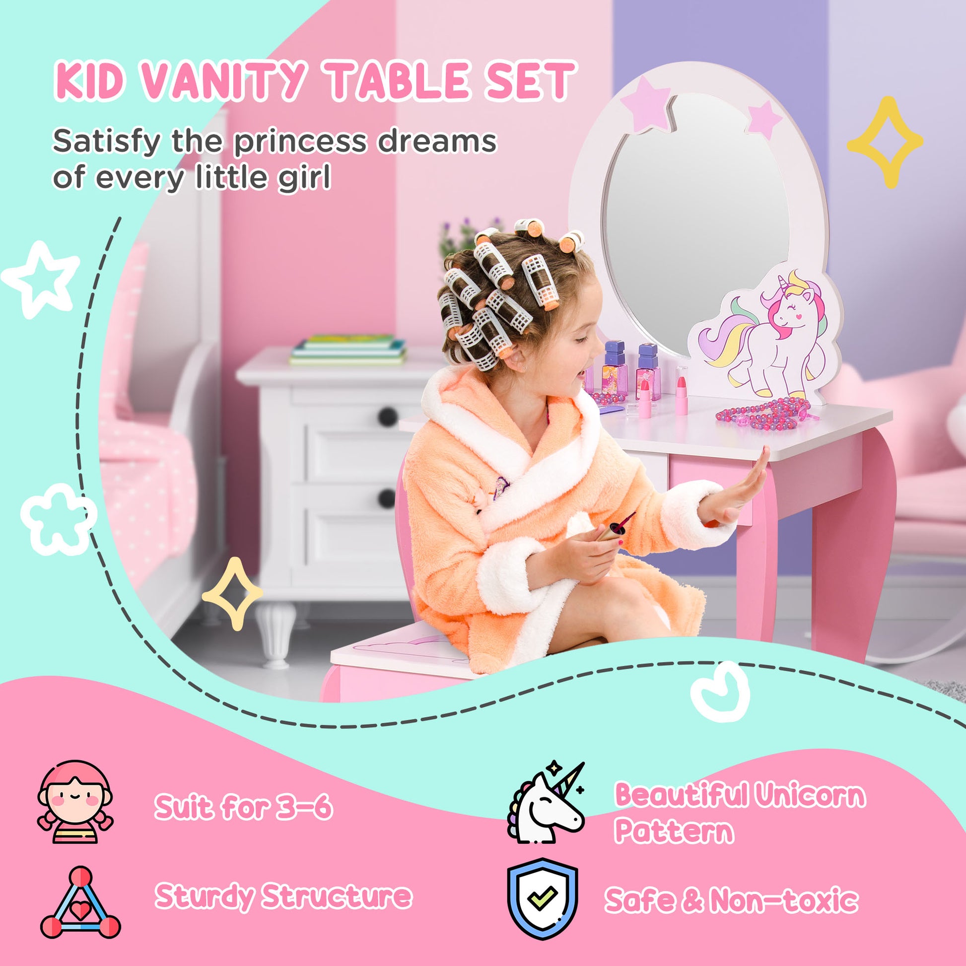 HOMCOM Unicorn-Themed Kids Vanity Set with Acrylic Mirror and Stool for Ages 3-6 - Pink and White - ALL4U RETAILER LTD