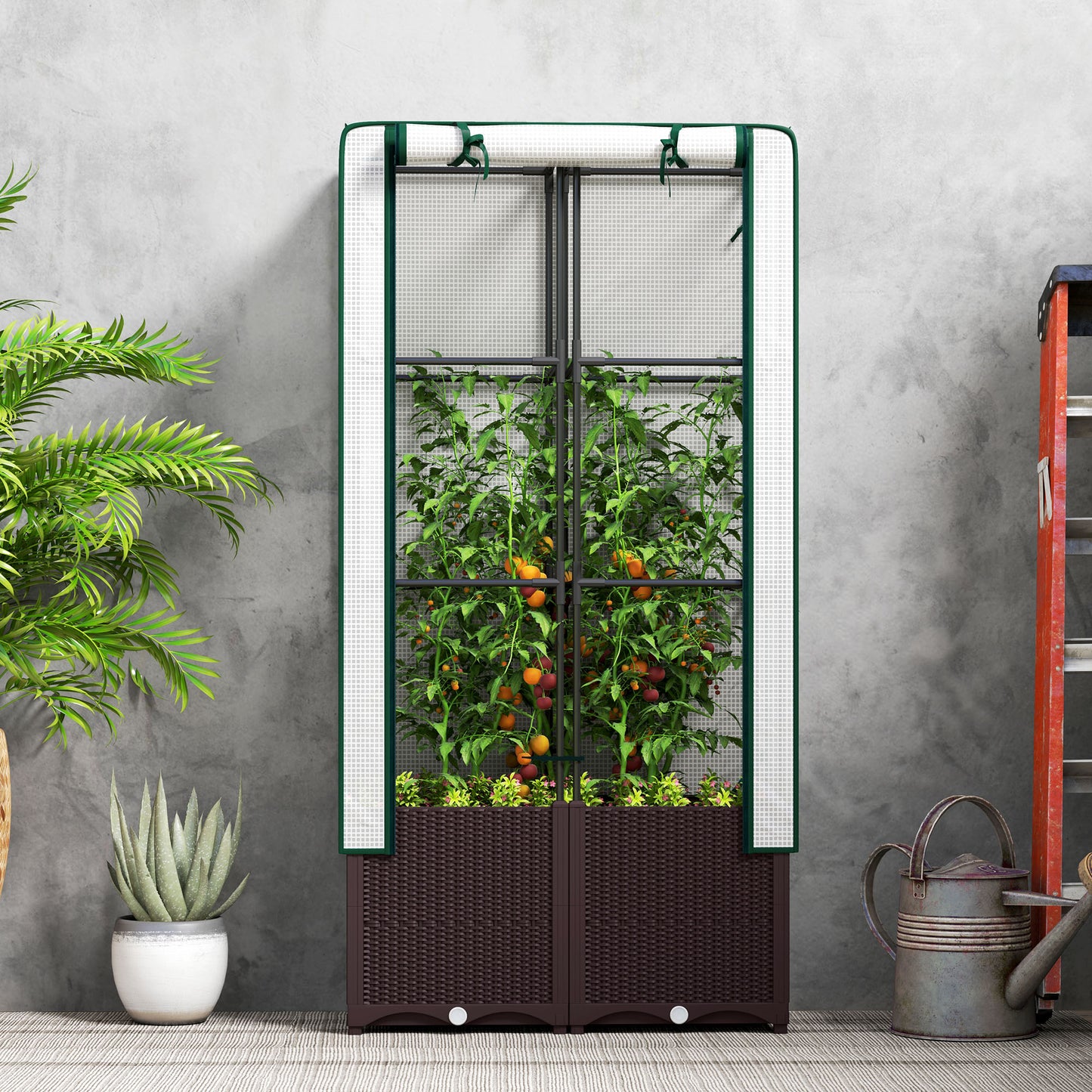 Outsunny Raised Garden Bed With Trellis Plastic Planter Box PE Cover 80 X 40 X 140 cm For Climbing Plants Flowers