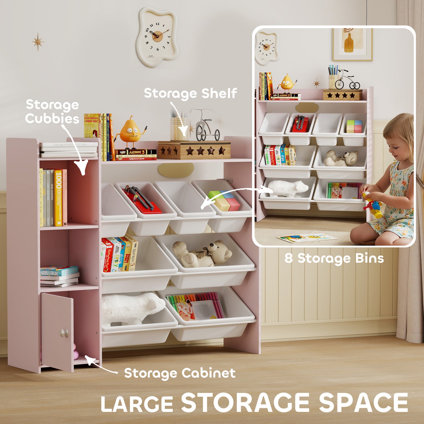 AIYAPLAY Pink Toy Storage Unit With 8 Removable Bins Shelves And Cabinet For Kids