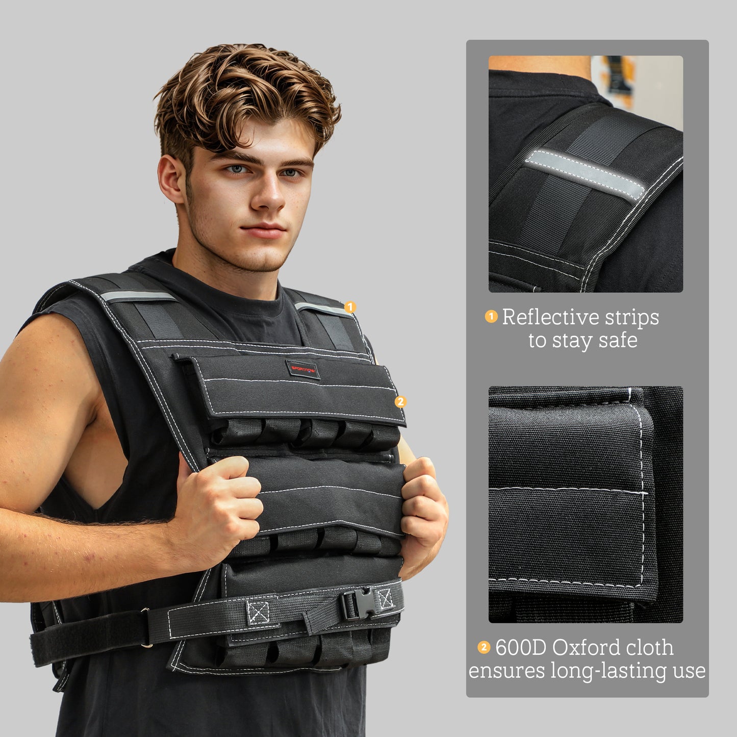 Adjustable 30KG Weighted Vest for Men and Women - SPORTNOW, Features 30 Removable Weights, Reflective Strips, and Comfortable Fit for Cardio and Strength Training