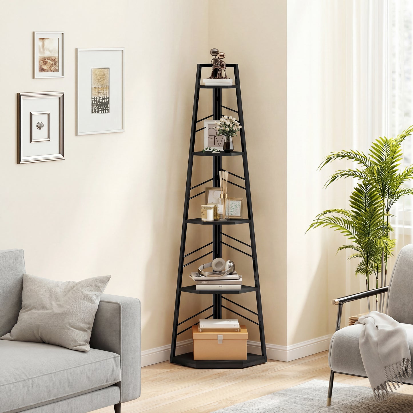 HOMCOM Corner Bookcase 5-Tier Floor Standing Bookshelf For Living Room Study Bedroom Black