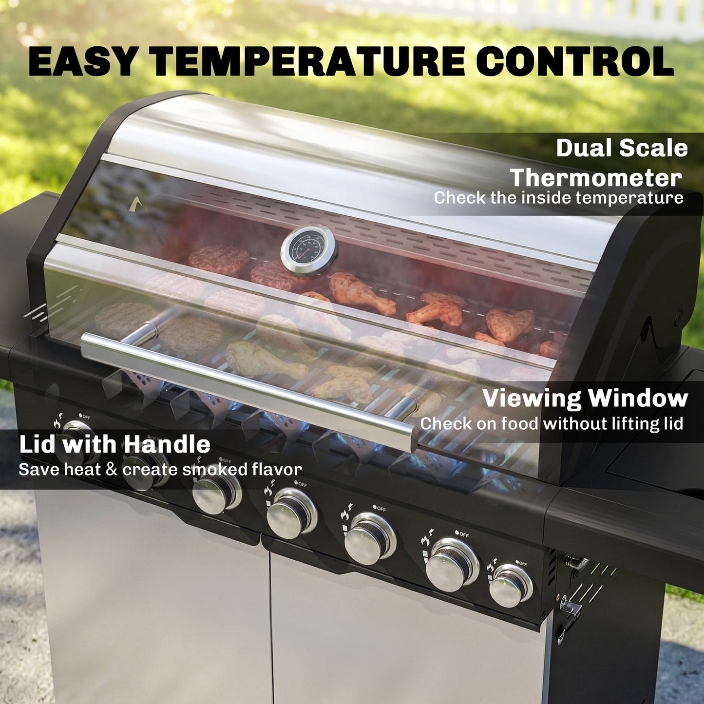 Outsunny Six Plus One Burner Gas BBQ Grill Outdoor Trolley With Wheels Warming Rack Thermometer Bottle Opener Silver