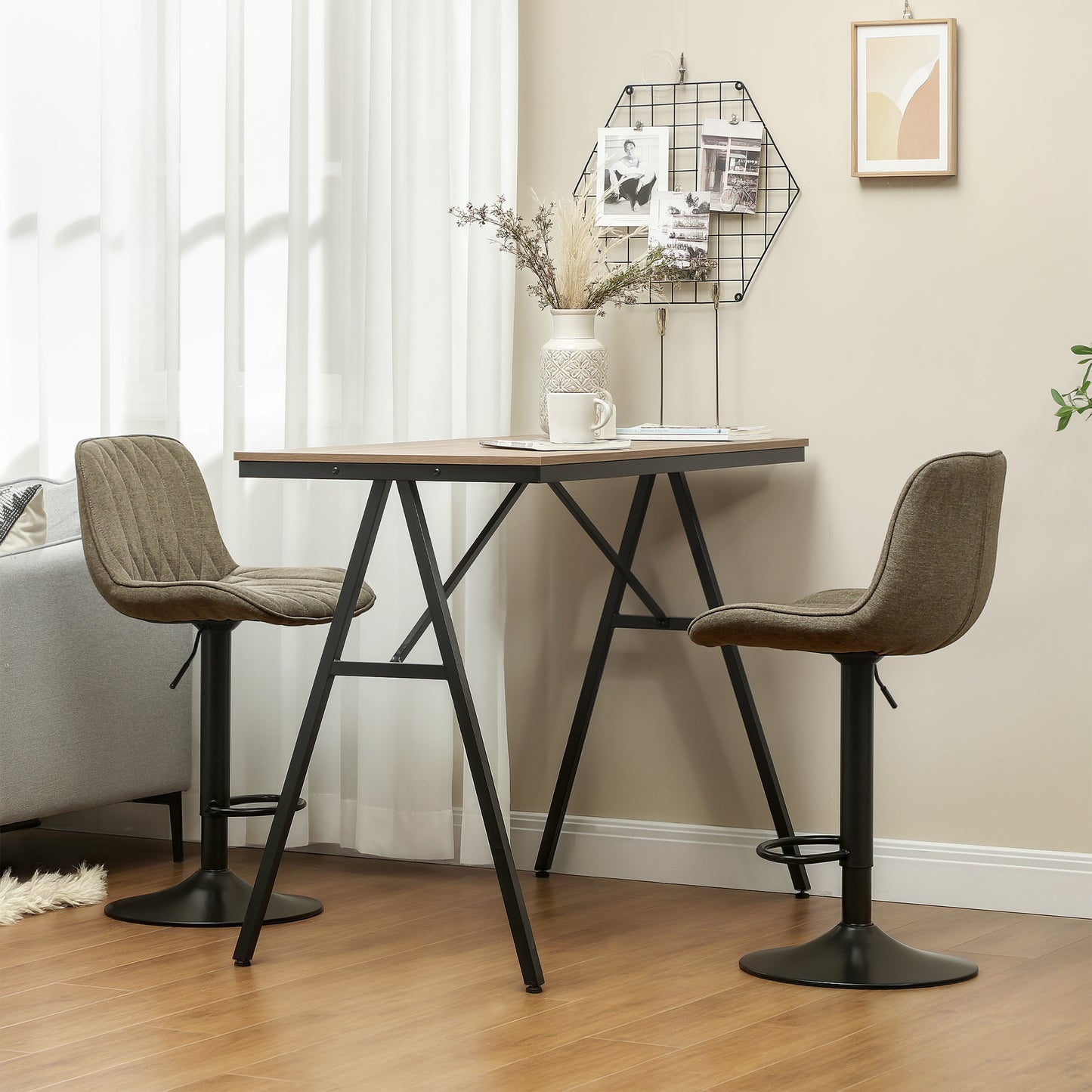 HOMCOM Set of Two Linen-Look Bar Stools Brown With Padded Seats And Adjustable Height 60-80 cm 360 Degree Swivel