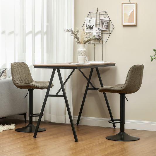 HOMCOM Set of Two Linen-Look Bar Stools Brown With Padded Seats And Adjustable Height 60-80 cm 360 Degree Swivel