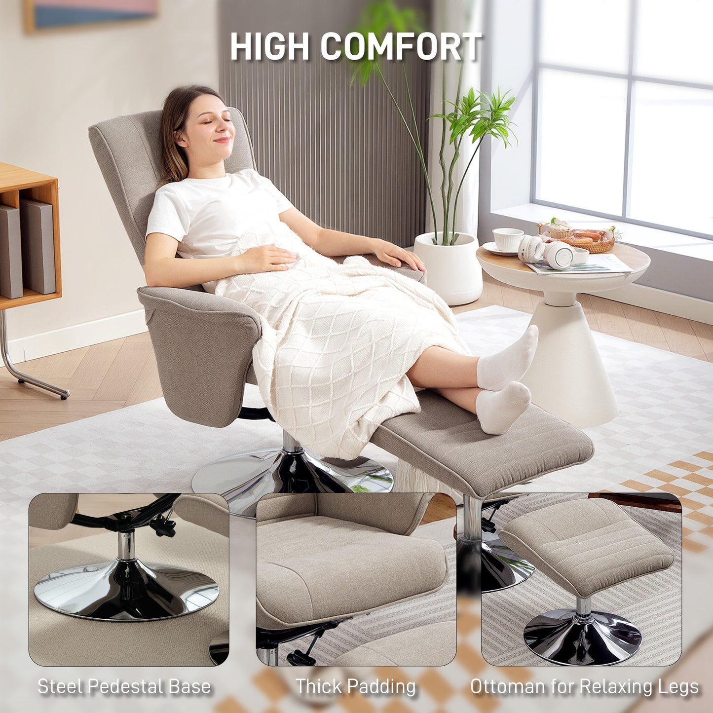 HOMCOM Velvet Swivel Recliner Chair With Ottoman Footstool Steel Base Beige Upholstered Armchair For Living Room Office