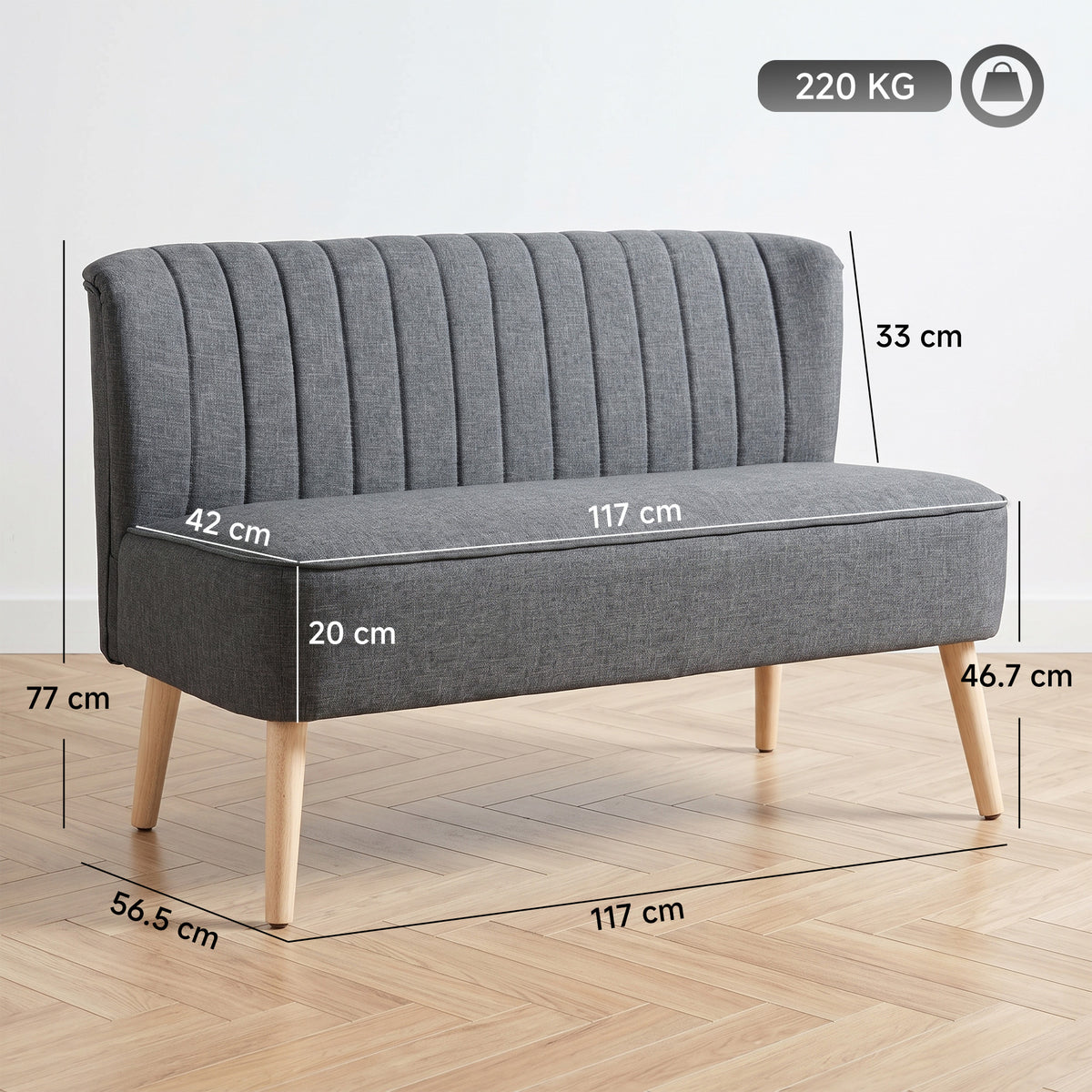 Dark grey loveseat sofa with dimensions shown; channel-tufted back and wood legs