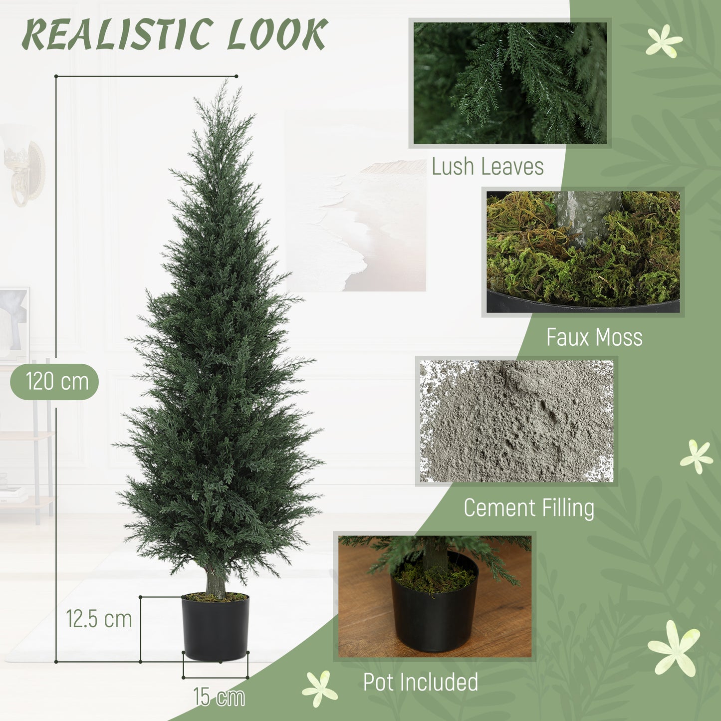 HOMCOM Set Of Two Artificial Cypress Trees In Cement Pots Green UV Resistant Durable Plastic Indoor Outdoor Decor
