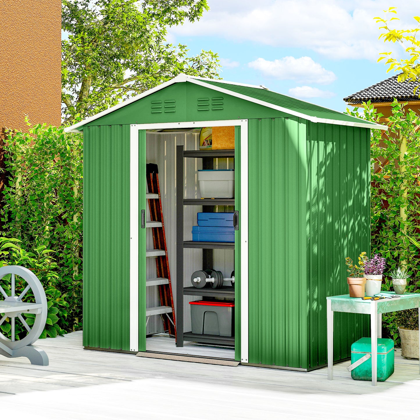 Outsunny 6.5 x 3.5 Ft Metal Garden Storage Shed Green With Galvanized Steel Construction And Double Sliding Doors