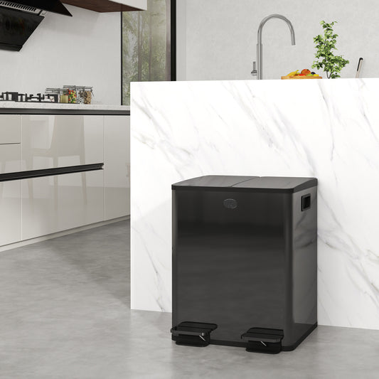 HOMCOM 40L Dual Compartment Stainless Steel Bin With Deodoriser Holders In Black