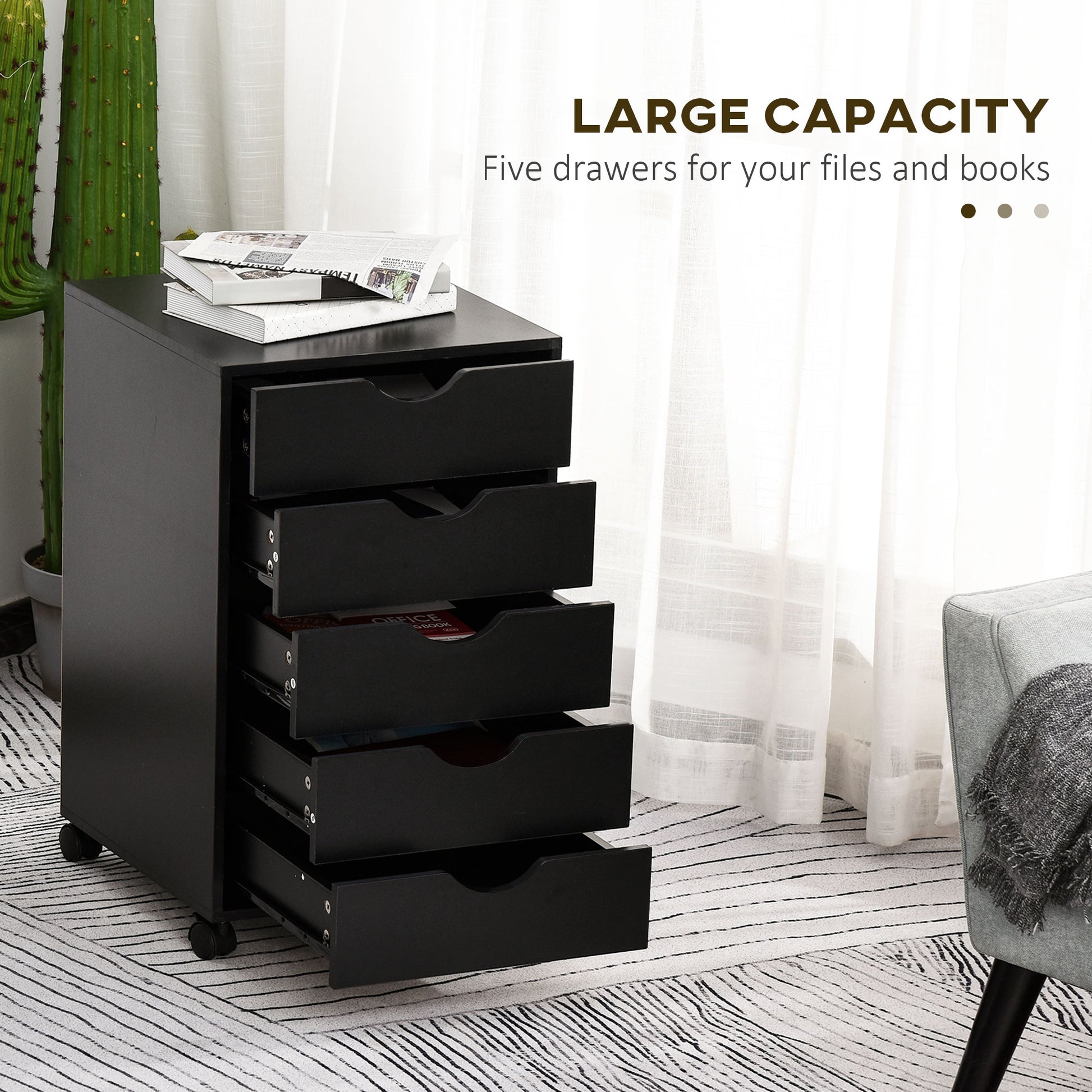 HOMCOM 5 Drawer Mobile Filing Cabinet Vertical File Cabinet Modern Rolling Printer Stand for Home Office Black - ALL4U RETAILER LTD