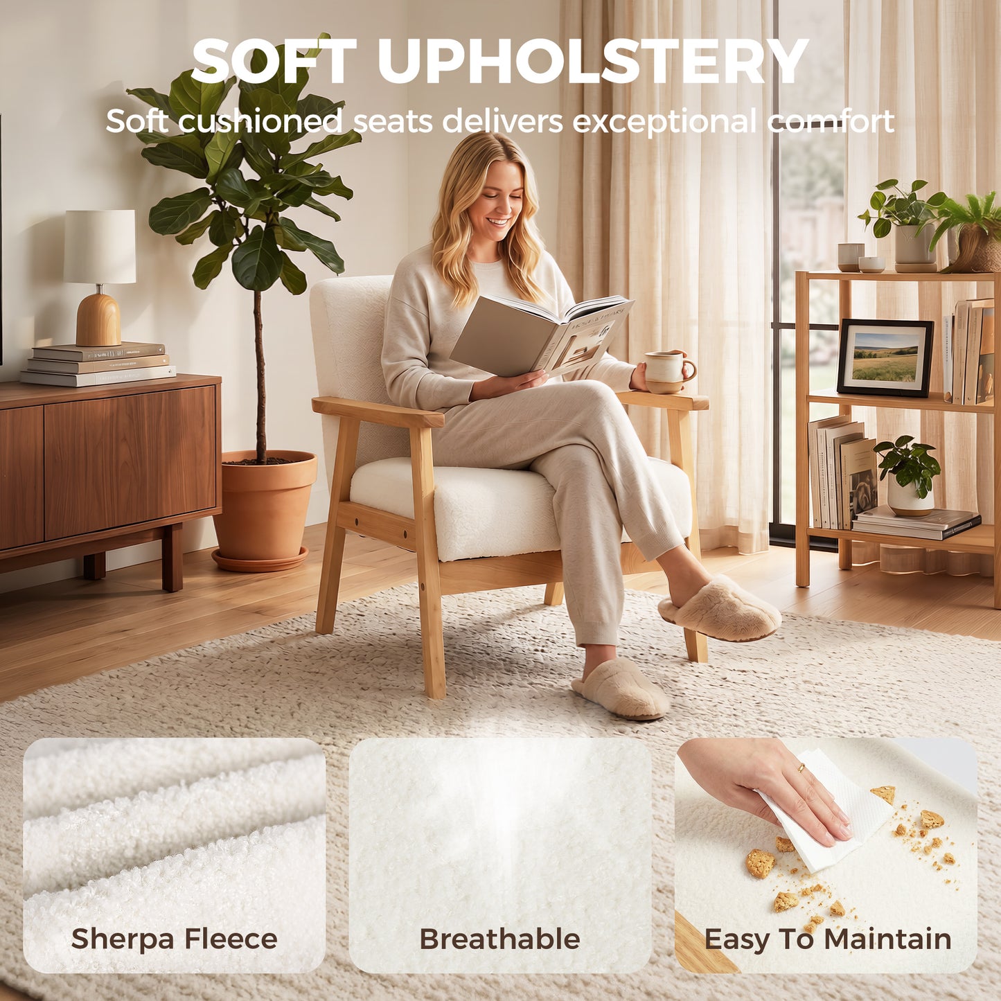 HOMCOM Modern Armchair Sherpa Fleece Upholstered Accent Chair With Solid Wood Legs And Wide Seat Cream White