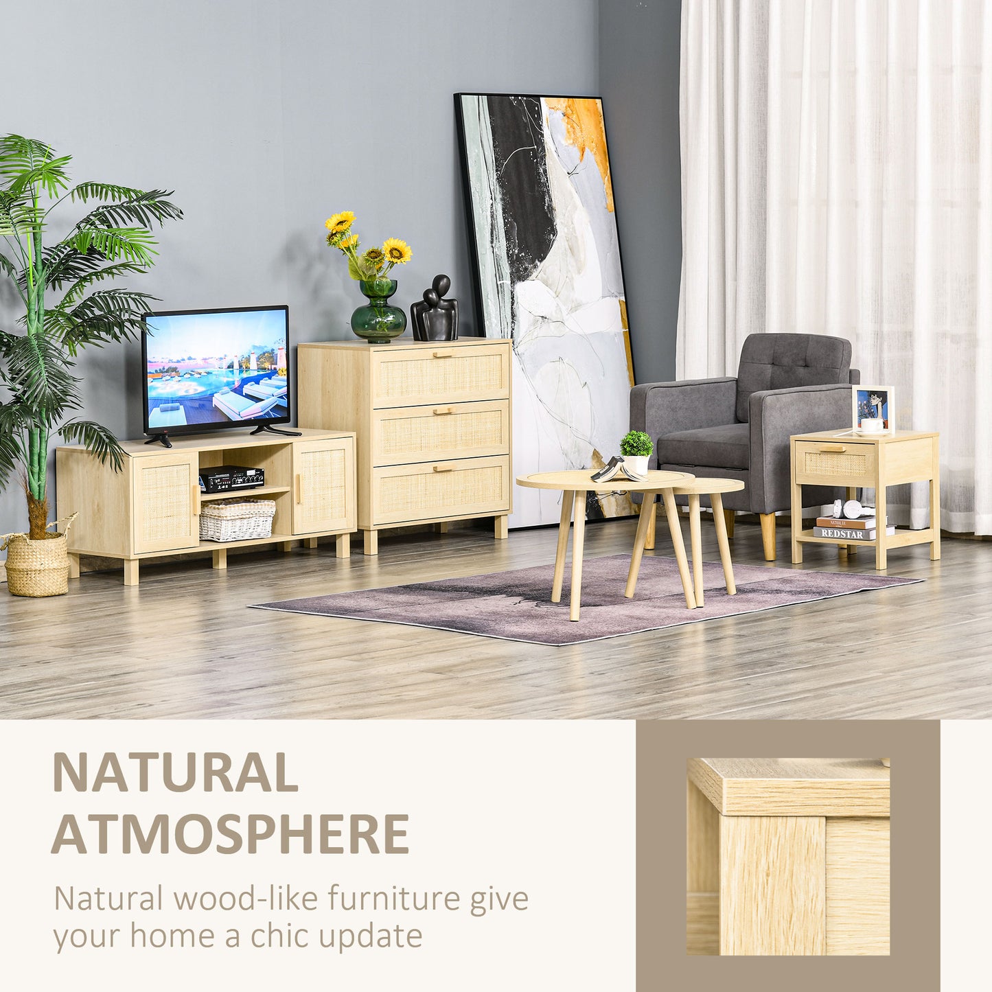 HOMCOM Bedside Table Set Of 2 With Rattan Drawer And Storage Shelf In Natural Rustic Finish