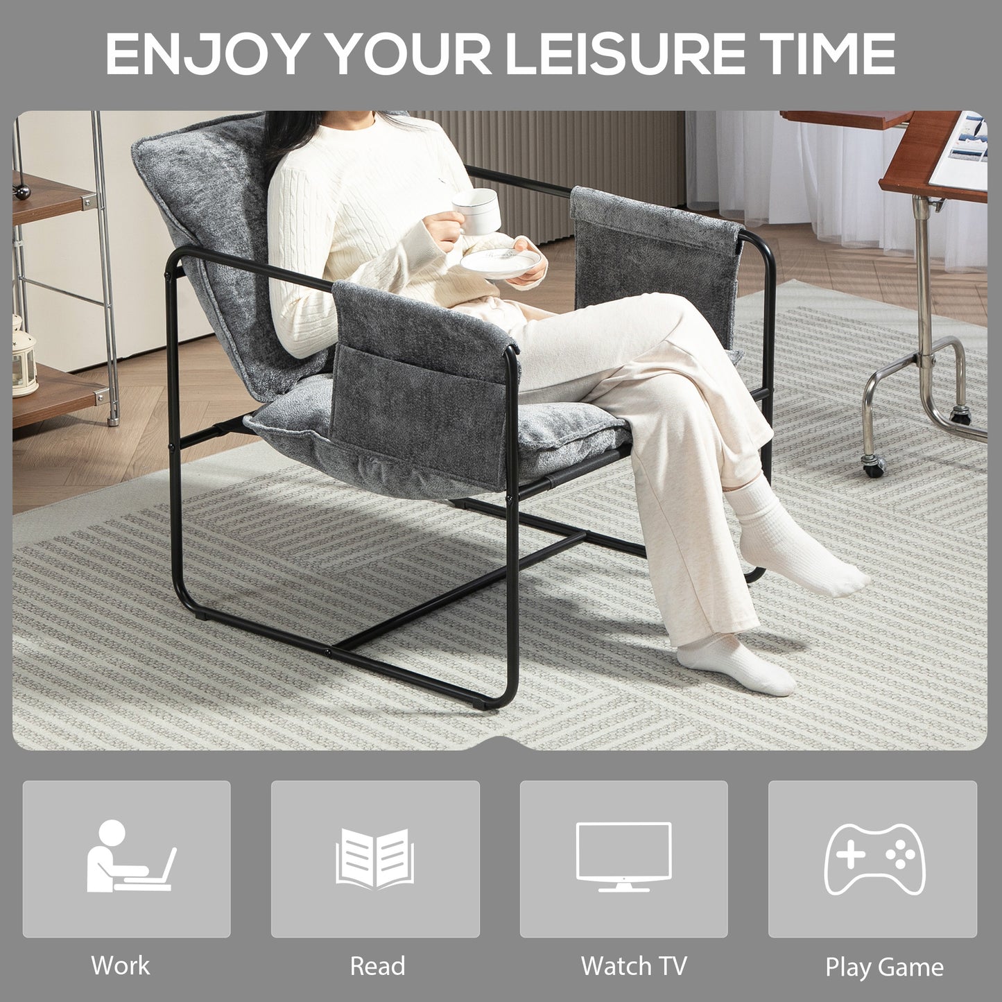 HOMCOM Minimal Padded Accent Chair With Pockets Grey Chenille Upholstery Removable Washable Covers And Storage Arms