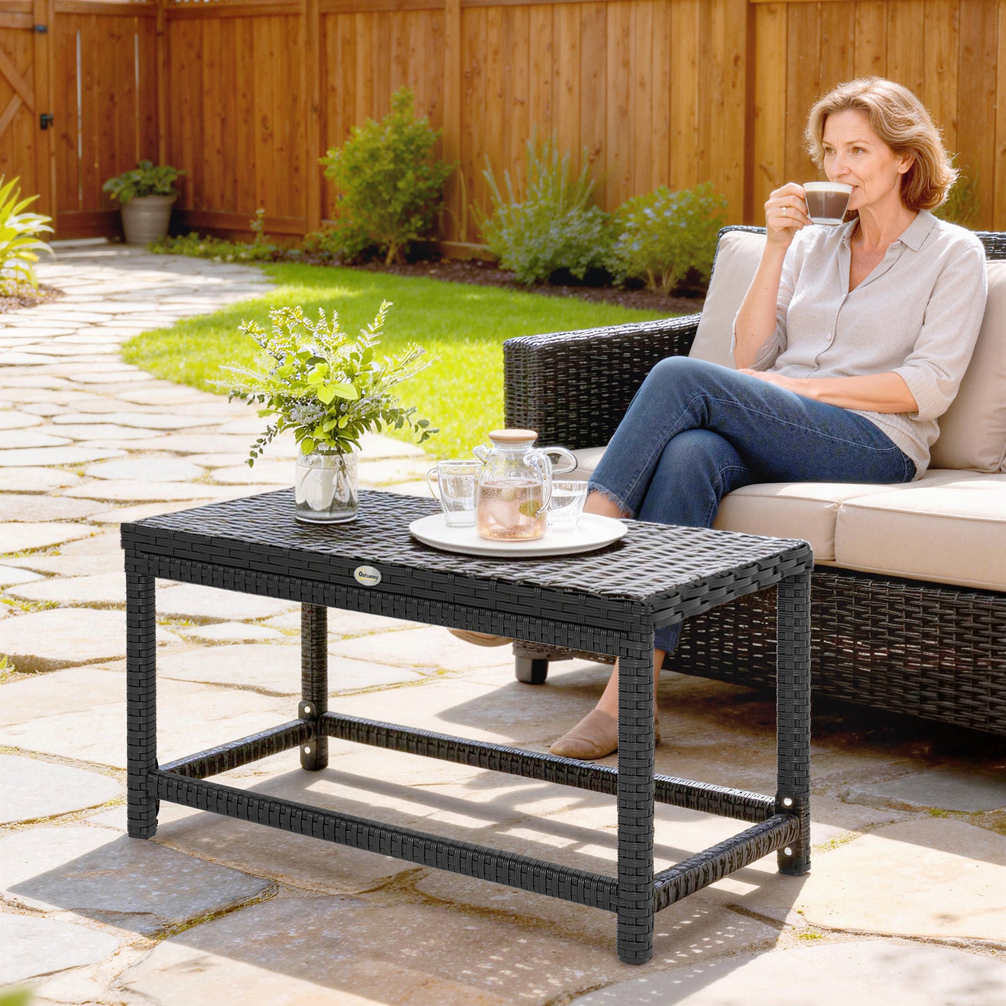 Outsunny Outdoor Coffee Table With Rectangular Frame And Rattan Tabletop Black Patio Side Table For Balcony