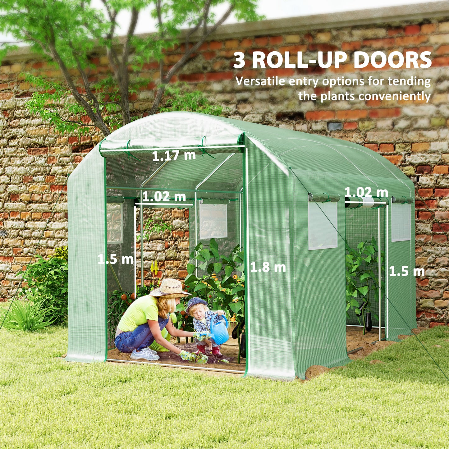 Outsunny 9.8 By 6.6 Ft Walkin Polytunnel Greenhouse Green With Three Roll Up Doors And Mesh Windows 140gsm Cover