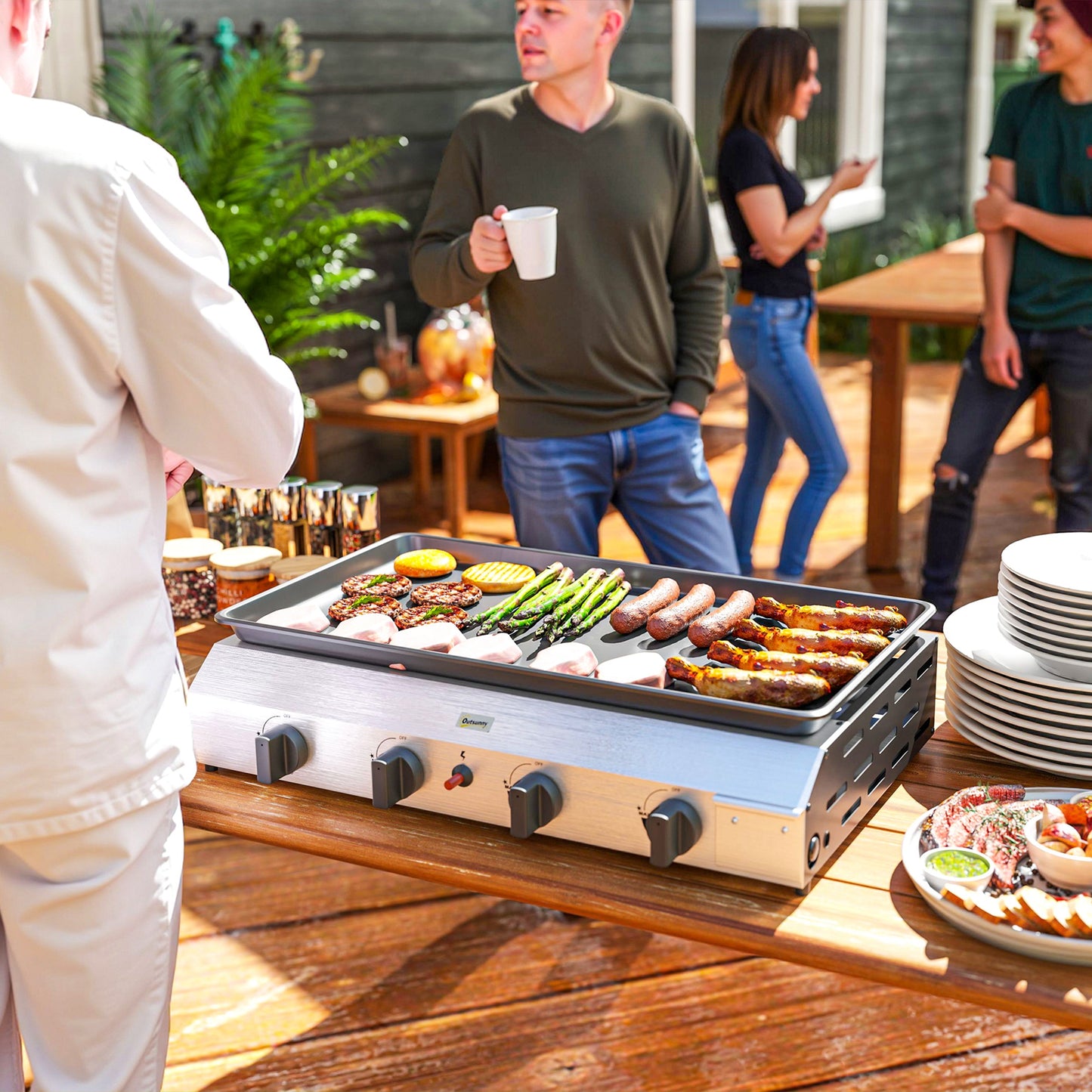 Outsunny Four Burner Portable Gas Grill With Pull Out Grease Box And Adjustable 2.4kW Burners