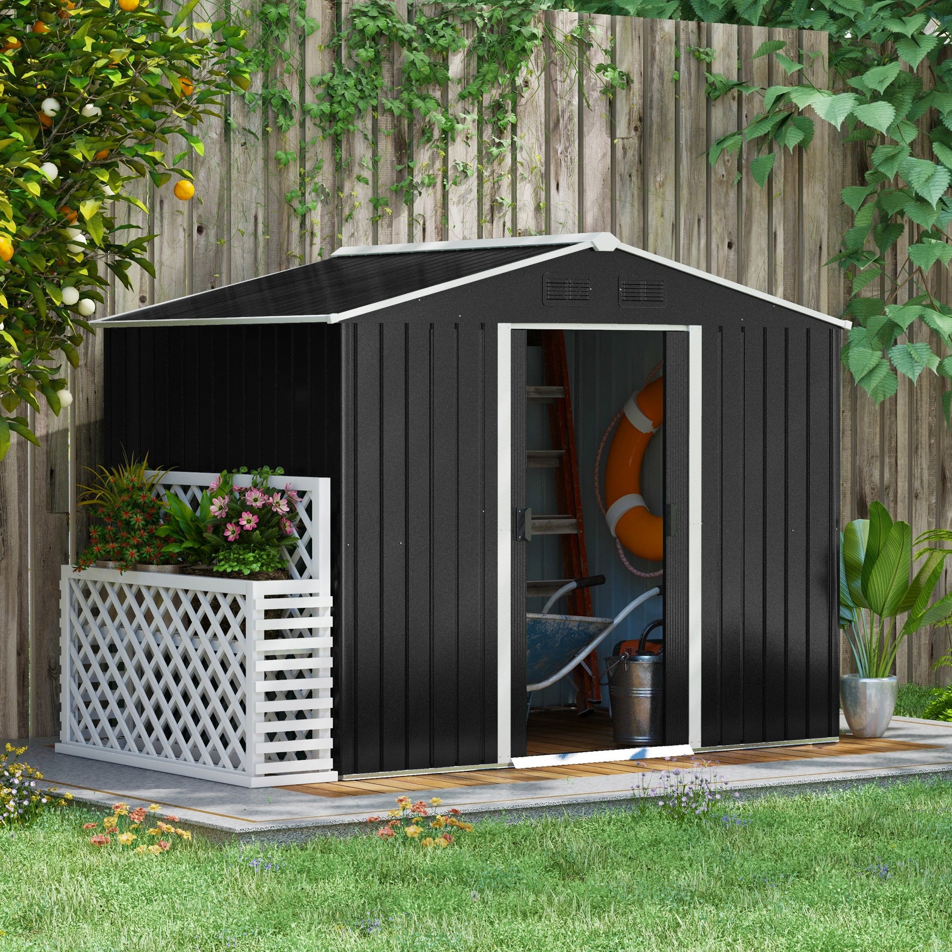 Outsunny 8x6ft Galvanised Steel Garden Shed with Double Doors and Ventilation Windows - Grey Outdoor Tool Storage - ALL4U RETAILER LTD