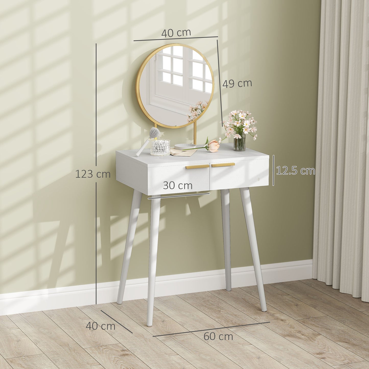 HOMCOM Elegant Dressing Table With Round Mirror White 60 x 40 x 123 cm With Storage Drawers