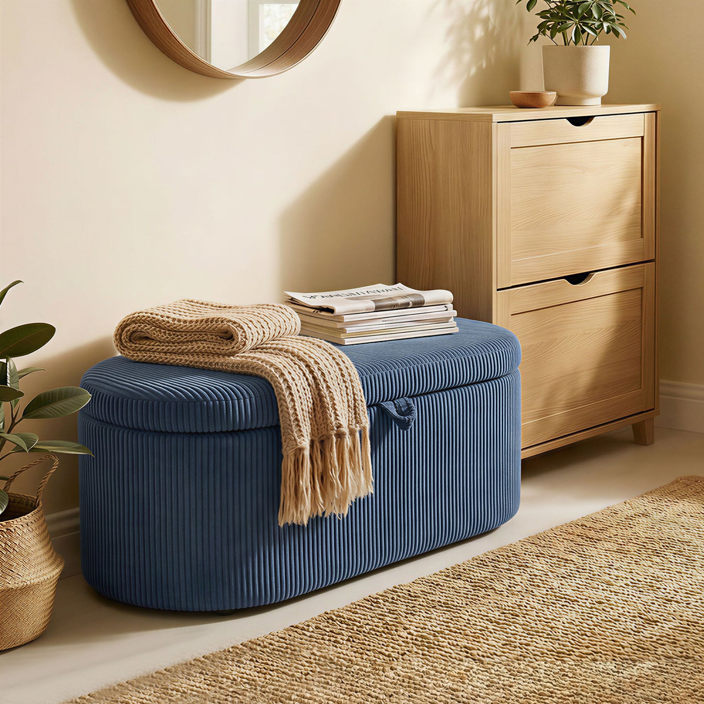 HOMCOM Corduroy Upholstered Storage Ottoman With Padded Seat 105 x 51 x 49 cm Blue