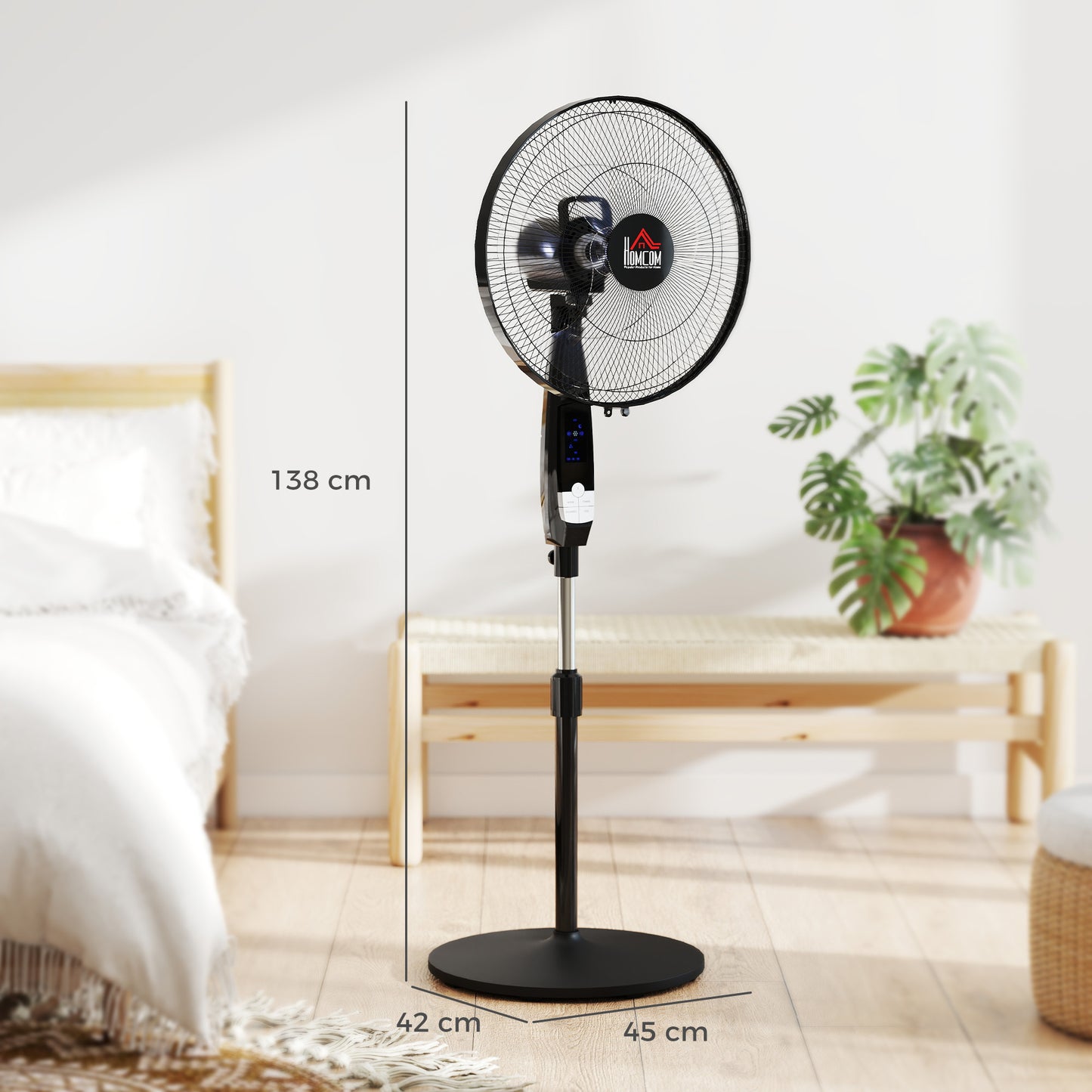 HOMCOM 16 Inch Pedestal Standing Floor Fan with Remote Control 85 Degree Oscillation Black
