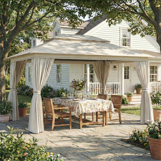 Outsunny 3 x 4 m Outdoor Garden Gazebo Netting Curtains UPF50 Plus Permanent Pavilion Canopy Beige