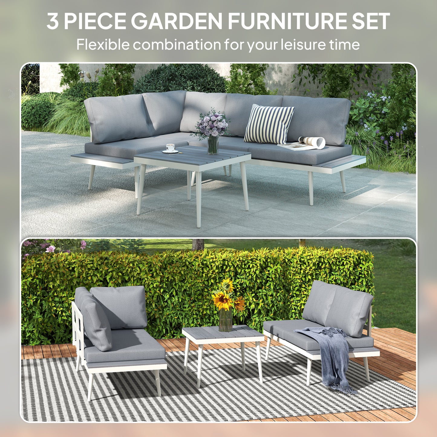 Outsunny 3 Piece Garden Furniture Set With 5 Level Adjustable Lounger And L Shaped Corner Sofa Cushions Table Grey