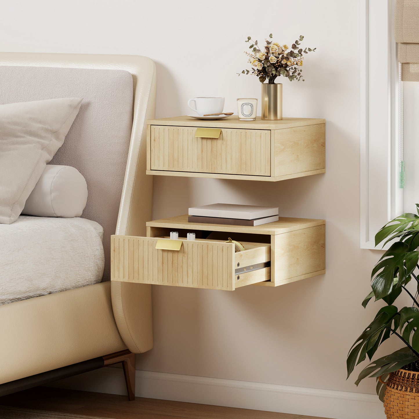 HOMCOM Modern Floating Nightstands Set of 2 Wall Mounted Bedside Tables with Wave Drawer Oak Finish