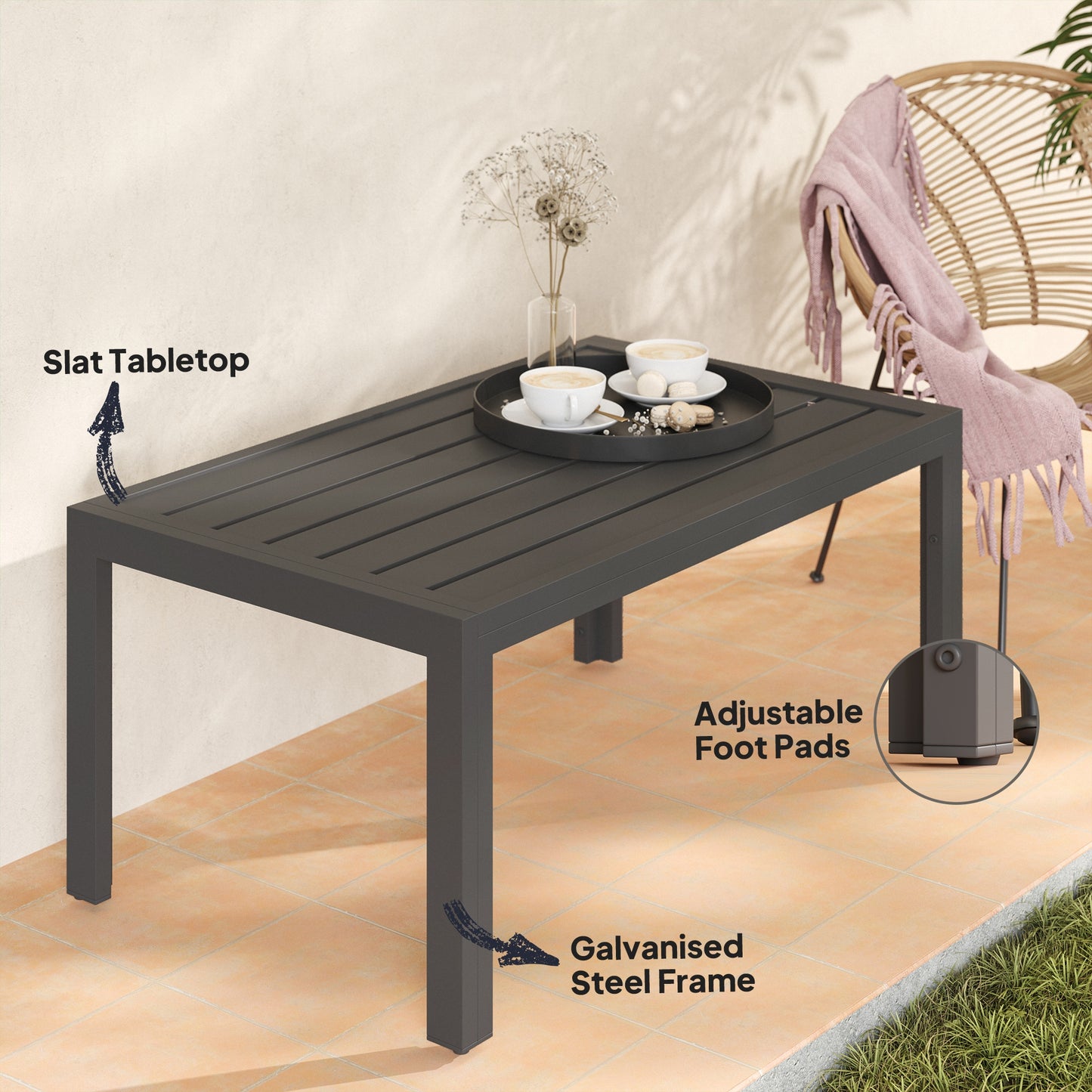 Outsunny Outdoor Side Table Rectangular Patio Table with Steel Frame and Slat Tabletop for Garden Balcony Grey