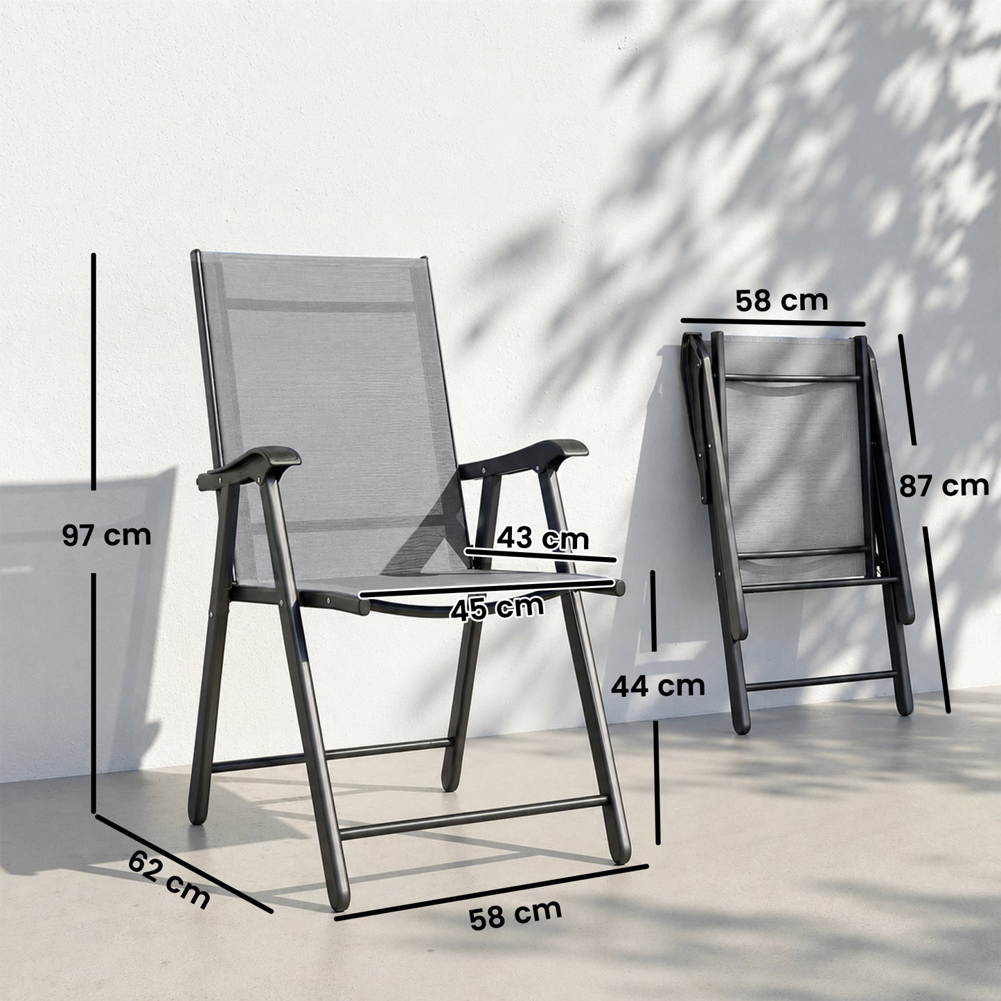 Outsunny Folding Garden Chairs Set Of 4 With High Back Armrests Texteline Seat In Light Grey