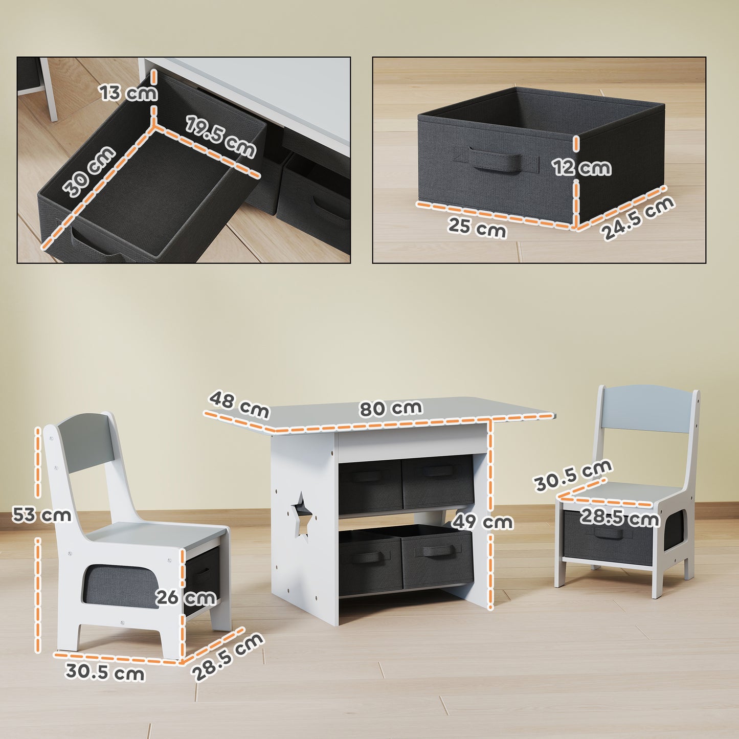 AIYAPLAY Kids Table and Chair Set With Six Removable Drawers for Boys and Girls Ages Three to Eight Light Grey
