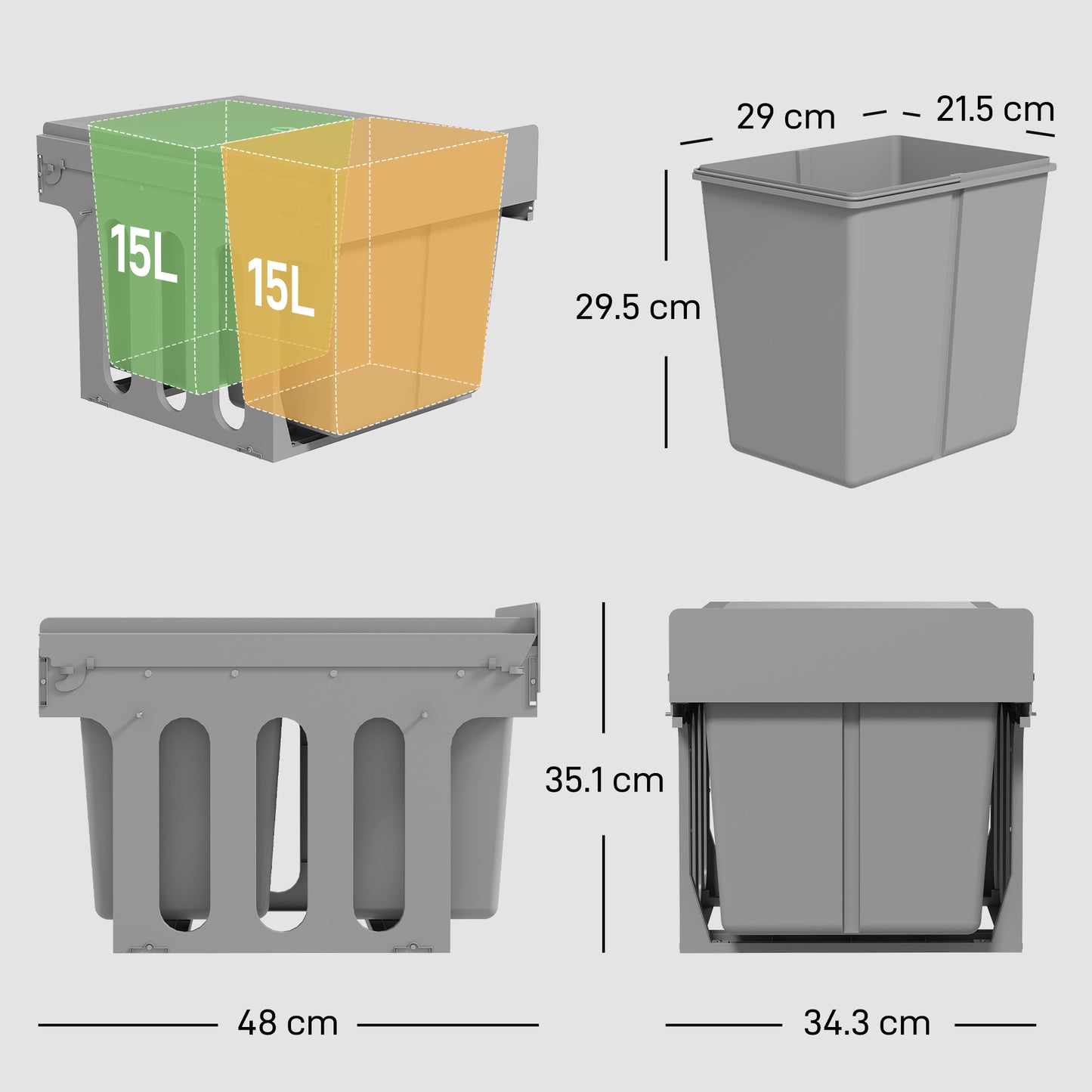 HOMCOM Under Sink Pull Out Bin With Dual 15L Compartments For 400mm Cabinets Light Grey Soft Close
