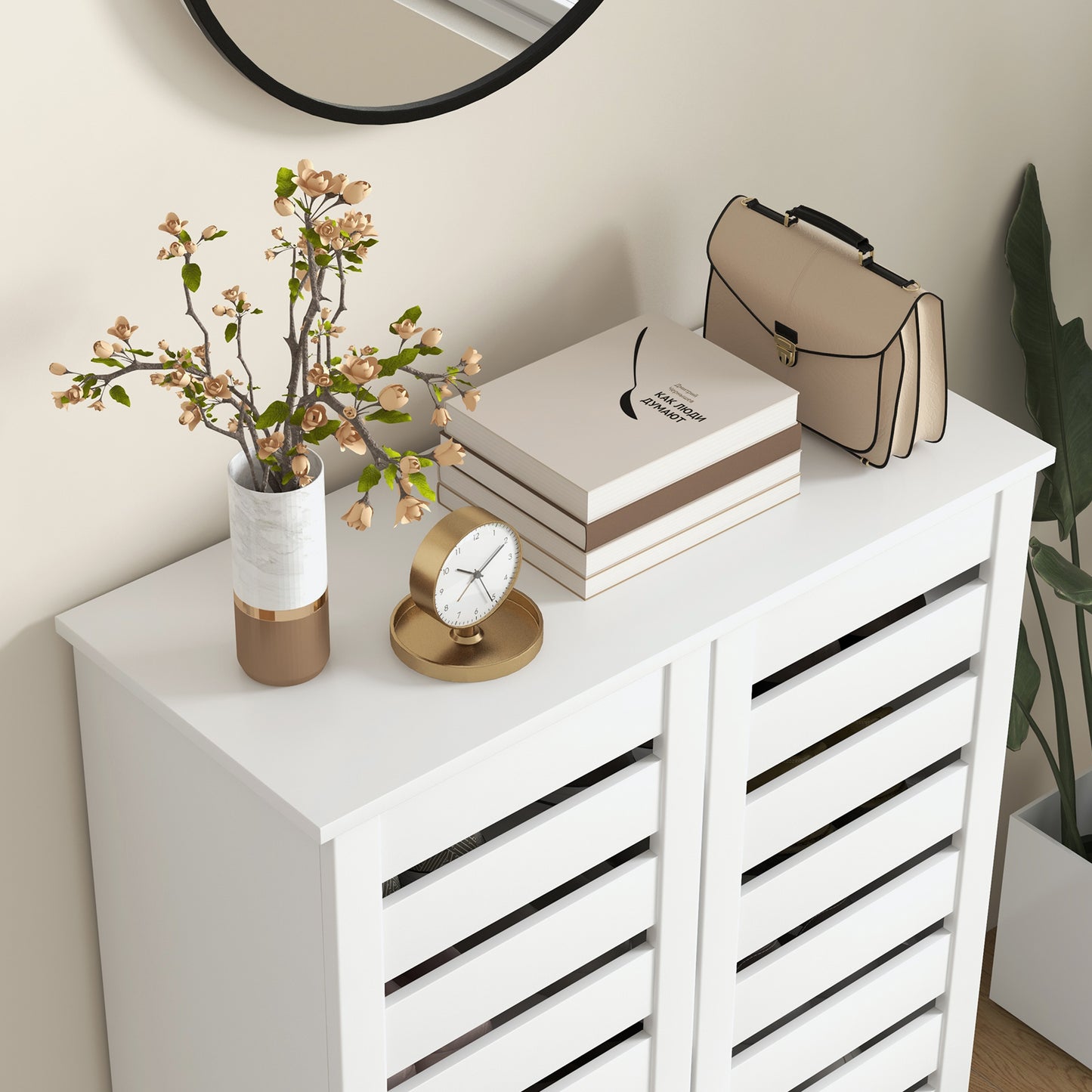 HOMCOM Narrow Shoe Cabinet For Entryway 5 Tier Slim Shoe Storage With 2 Slatted Doors And Adjustable Shelves