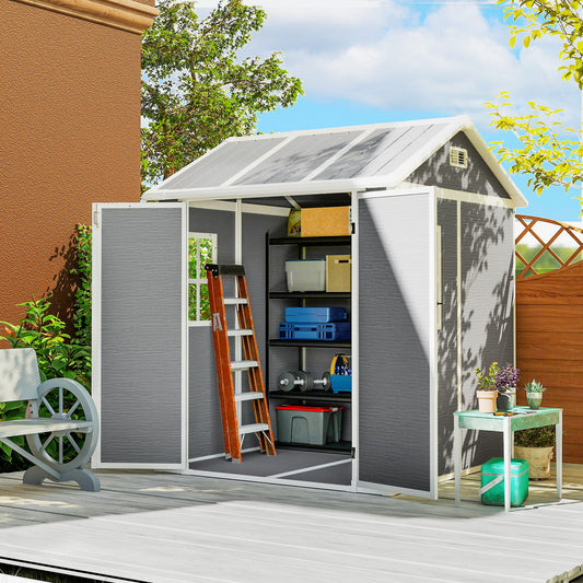 Outsunny 6 By 6ft Wood Effect Resin Garden Tool Shed With Floor Window Lockable Doors And Vents Grey