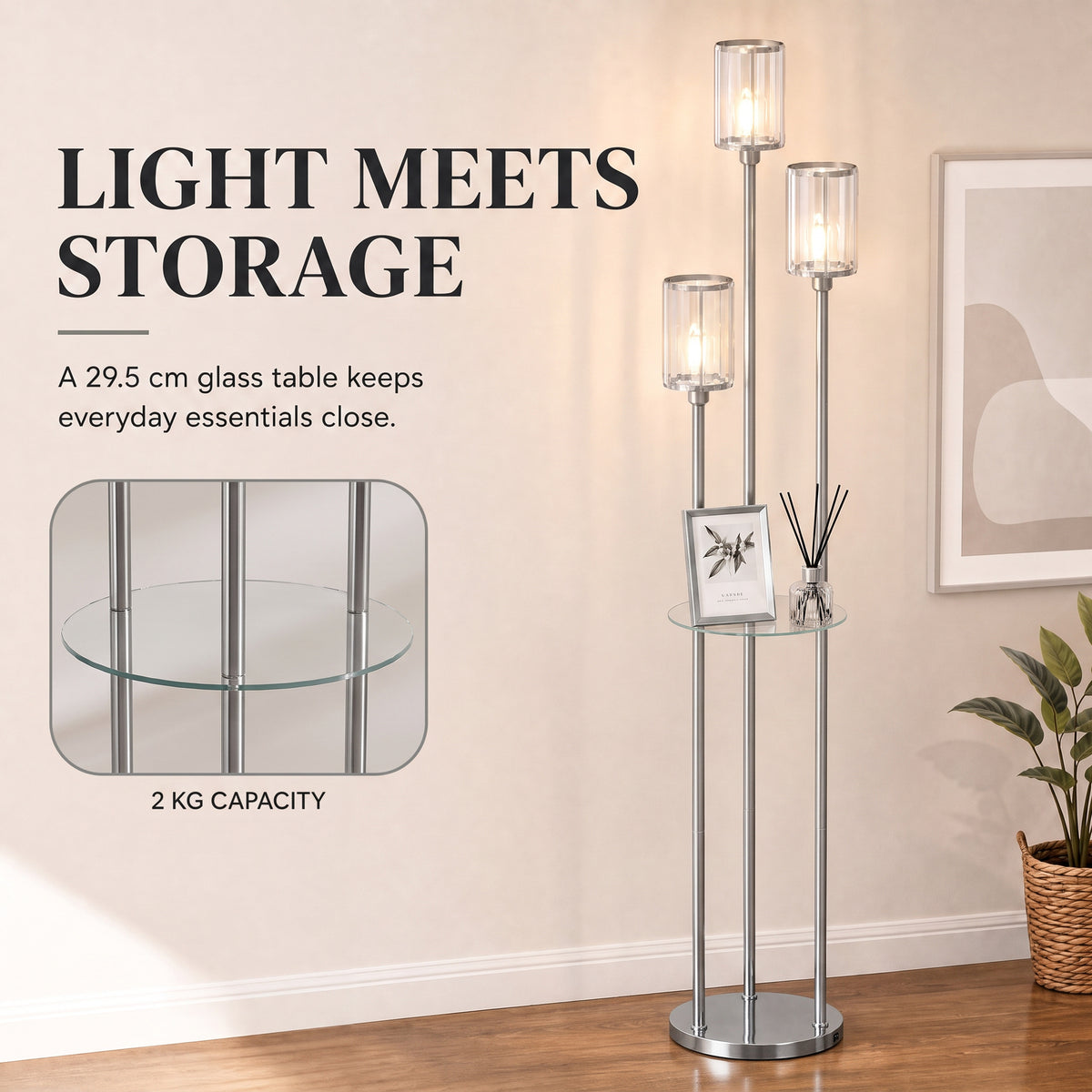 Chrome crystal floor lamp with three glass shades and a round glass storage table